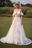 White Corset Lace Spaghetti Straps Boho Western Wedding Dress with Sleeves