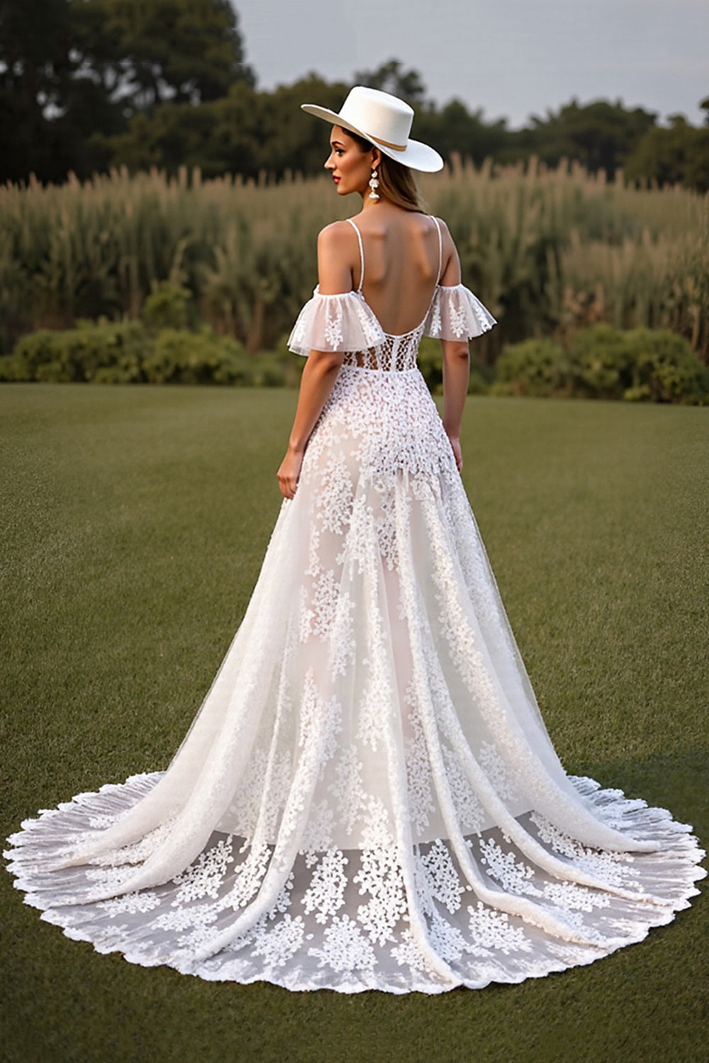 White Corset Lace Spaghetti Straps Boho Western Wedding Dress with Sleeves