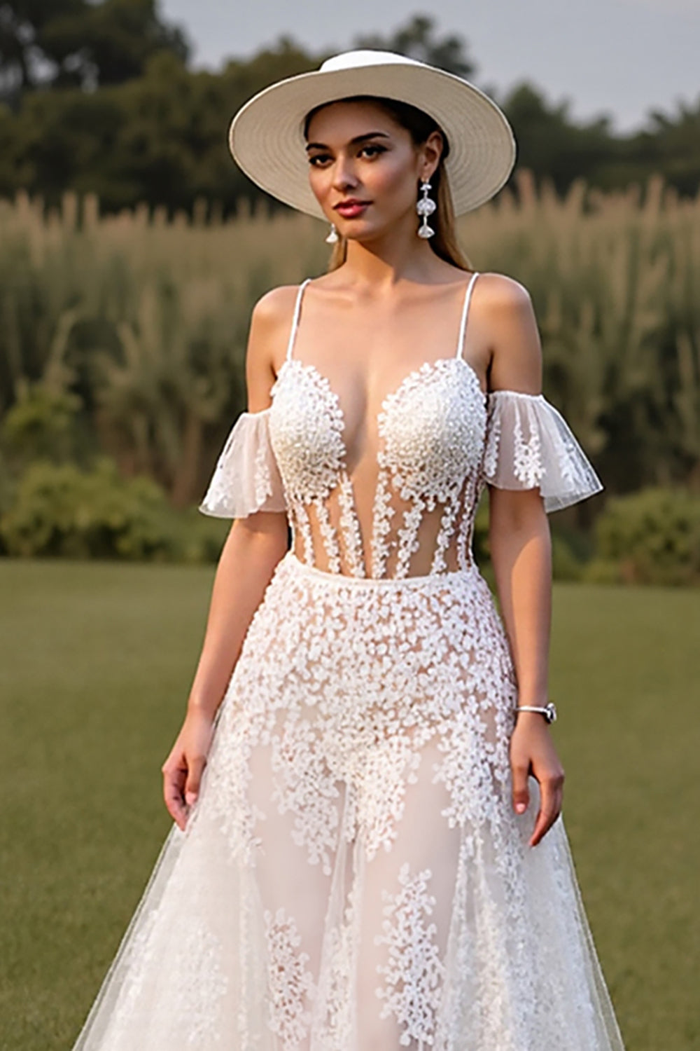 White Corset Lace Spaghetti Straps Boho Western Wedding Dress with Sleeves