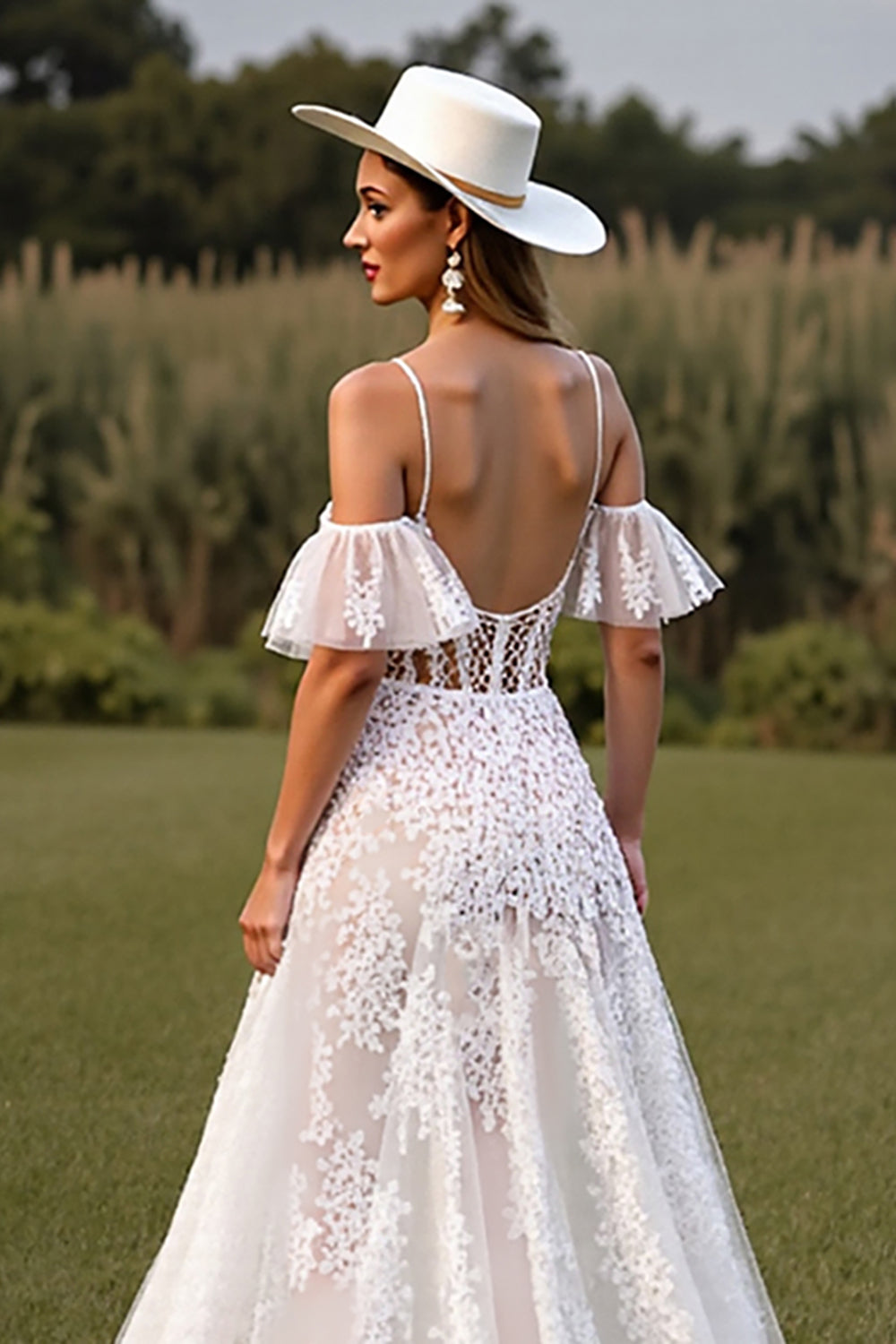 White Corset Lace Spaghetti Straps Boho Western Wedding Dress with Sleeves