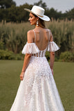 White Corset Lace Spaghetti Straps Boho Western Wedding Dress with Sleeves