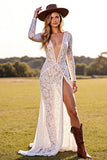 White Lace Boho Sheath Long Sleeves Western Wedding Dress with Slit