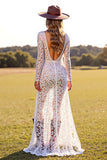 White Lace Boho Sheath Long Sleeves Western Wedding Dress with Slit
