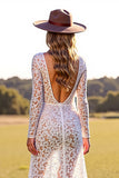 White Lace Boho Sheath Long Sleeves Western Wedding Dress with Slit