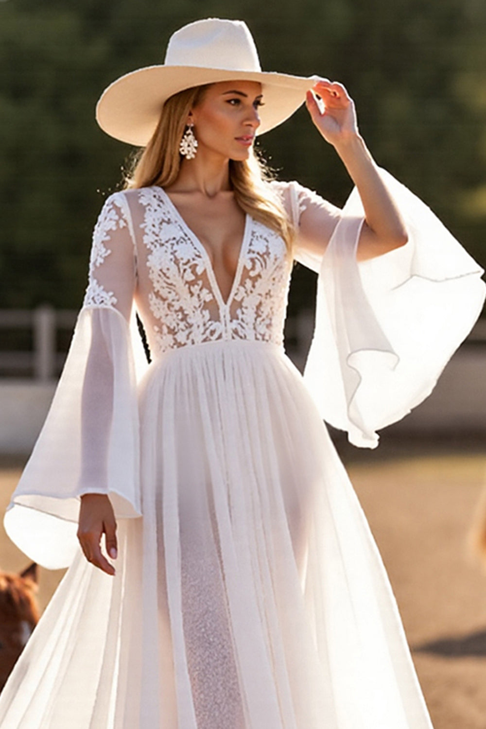 White Flare Sleeves Chiffon Boho Western Wedding Dress with Lace