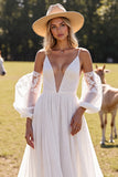 White Chiffon Ruched Boho Western Wedding Dress with Sleeves