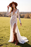 White Lace Sheath Long Sleeves Boho Western Wedding Dress with Slit