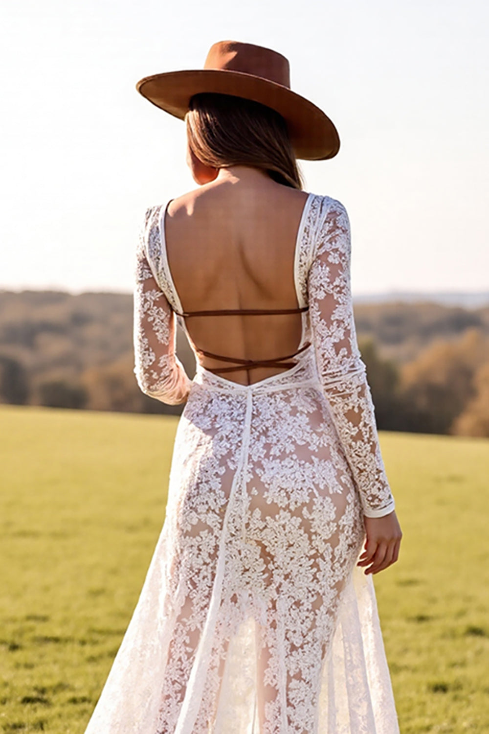 White Lace Sheath Long Sleeves Boho Western Wedding Dress with Slit