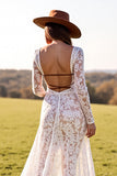 White Lace Sheath Long Sleeves Boho Western Wedding Dress with Slit