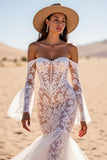 White Lace Corset Mermaid Sweep Train Boho Western Wedding Dress with Sleeves