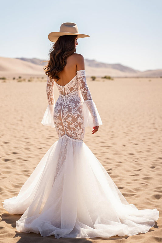 White Lace Corset Mermaid Sweep Train Boho Western Wedding Dress with Sleeves