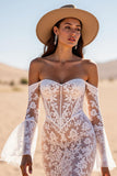 White Lace Corset Mermaid Sweep Train Boho Western Wedding Dress with Sleeves