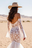 White Lace Corset Mermaid Sweep Train Boho Western Wedding Dress with Sleeves