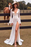 White Boho Lace Sheath Flare Sleeves Western Wedding Dress with Slit