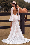 White Boho Lace Sheath Flare Sleeves Western Wedding Dress with Slit