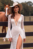 White Boho Lace Sheath Flare Sleeves Western Wedding Dress with Slit