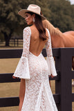 White Boho Lace Sheath Flare Sleeves Western Wedding Dress with Slit