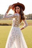Boho White Lace Long Sleeves Western Wedding Dress with Slit