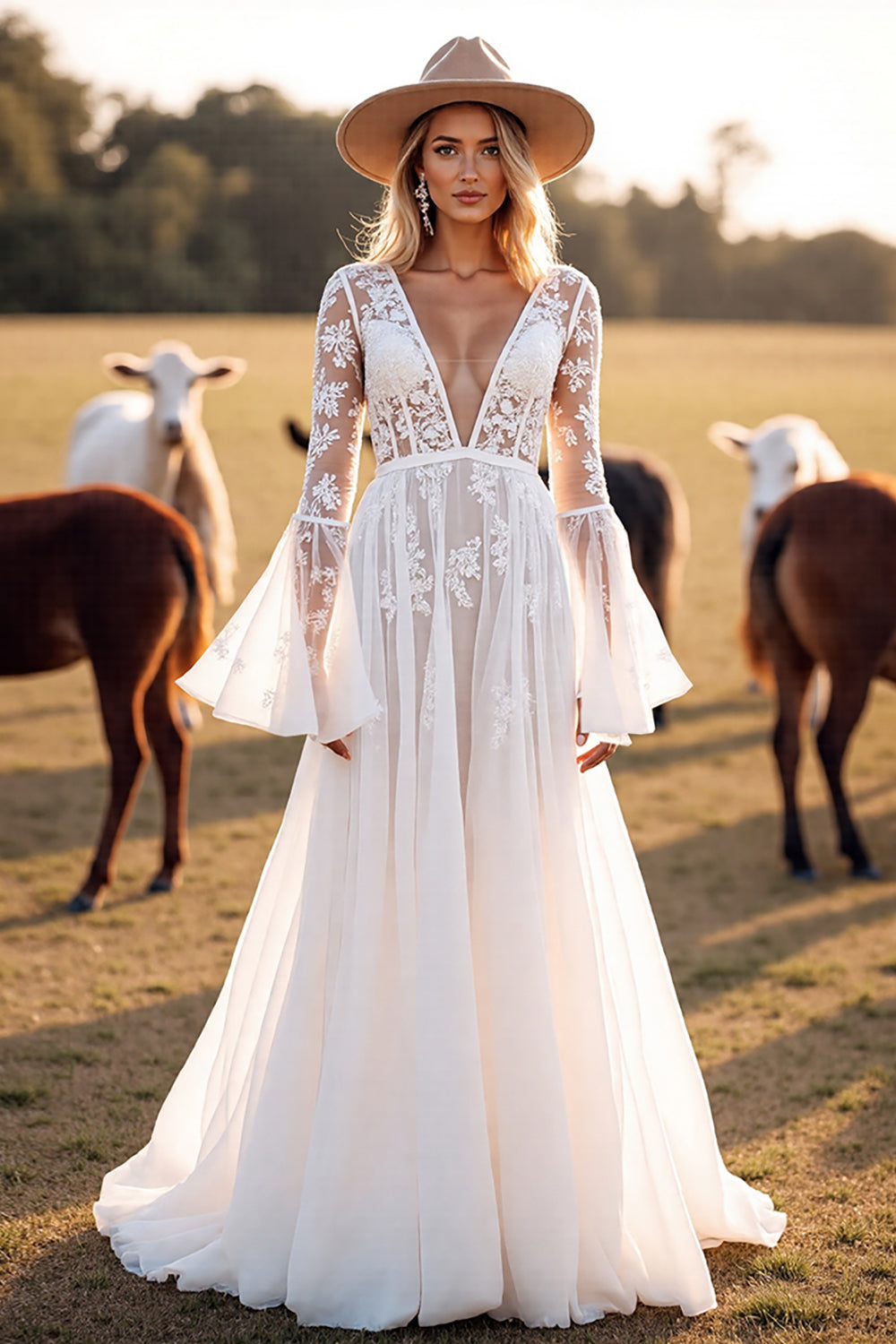 Boho White Flare Sleeves Corset Western Wedding Dress with Appliques