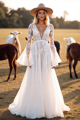 Boho White Flare Sleeves Corset Western Wedding Dress with Appliques