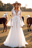 Boho White Flare Sleeves Corset Western Wedding Dress with Appliques