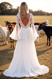 Boho White Flare Sleeves Corset Western Wedding Dress with Appliques