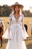 Boho White Flare Sleeves Corset Western Wedding Dress with Appliques