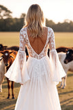 Boho White Flare Sleeves Corset Western Wedding Dress with Appliques