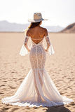 Boho White Flare Sleeves Corset Lace Western Wedding Dress