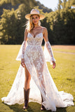 Boho Corset White Lace Sweep Train Western Wedding Dress with Sleeves