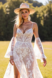 Boho Corset White Lace Sweep Train Western Wedding Dress with Sleeves