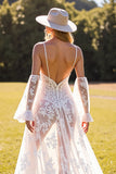 Boho Corset White Lace Sweep Train Western Wedding Dress with Sleeves