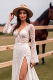 Boho Corset White V-Neck Sweep Train Western Wedding Dress with Slit