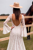 Boho Corset White V-Neck Sweep Train Western Wedding Dress with Slit
