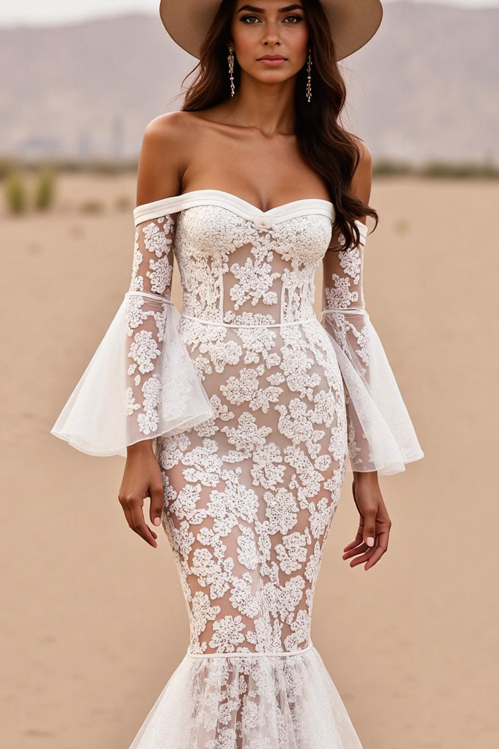 Boho Corset Mermaid White Lace Western Wedding Dress with Sleeves