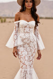Boho Corset Mermaid White Lace Western Wedding Dress with Sleeves
