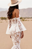 Boho Corset Mermaid White Lace Western Wedding Dress with Sleeves