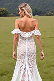 White Lace Corset Off the Shouder High-Low Boho Western Wedding Dress