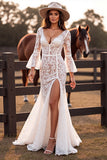 Boho Lace Corset White Flare Sleeves Western Wedding Dress with Slit