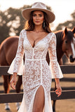 Boho Lace Corset White Flare Sleeves Western Wedding Dress with Slit
