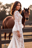 Boho Lace Corset White Flare Sleeves Western Wedding Dress with Slit