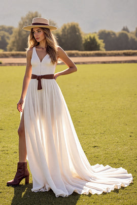 Boho Chiffon White V-Neck Sweep Train Western Wedding Dress