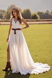 Boho Chiffon White V-Neck Sweep Train Western Wedding Dress