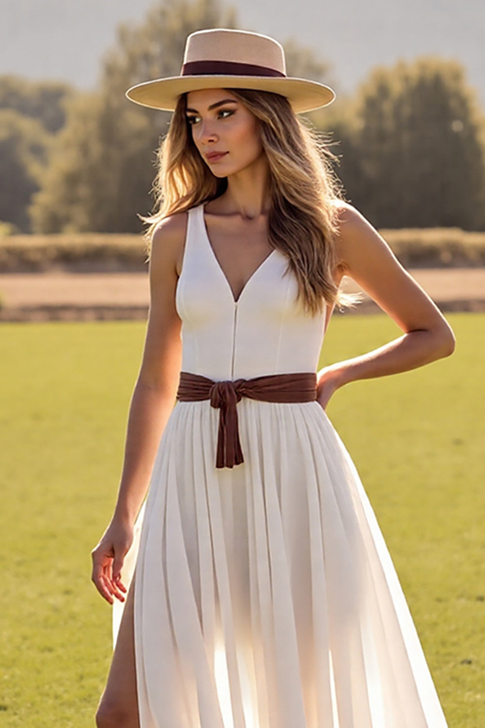 Boho Chiffon White V-Neck Sweep Train Western Wedding Dress