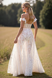 White Corset Lace Ruffled Sweep Train Boho Western Wedding Dress with Slit