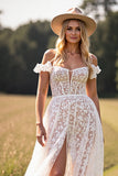 White Corset Lace Ruffled Sweep Train Boho Western Wedding Dress with Slit