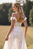 White Corset Lace Ruffled Sweep Train Boho Western Wedding Dress with Slit