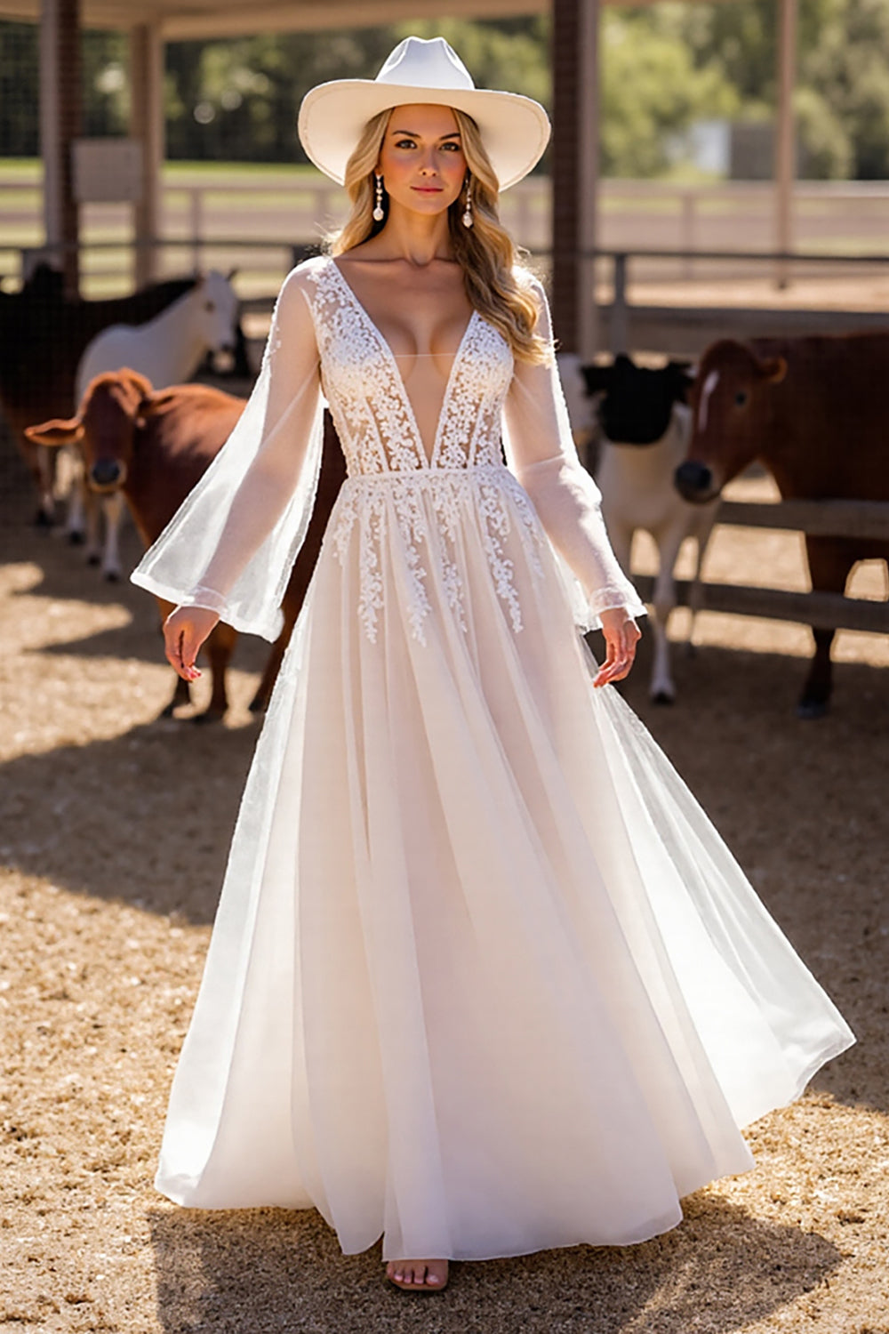White Corset Boho Long Sleeves Western Wedding Dress with Appliques