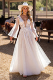 White Corset Boho Long Sleeves Western Wedding Dress with Appliques