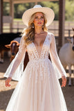 White Corset Boho Long Sleeves Western Wedding Dress with Appliques
